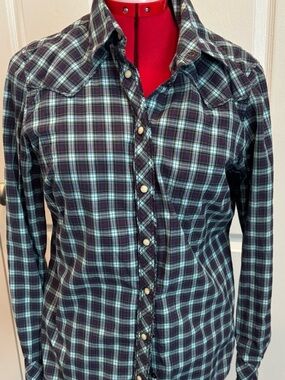 Eddie Bauer Purple and Teal Plaid Snap-Front Blouse